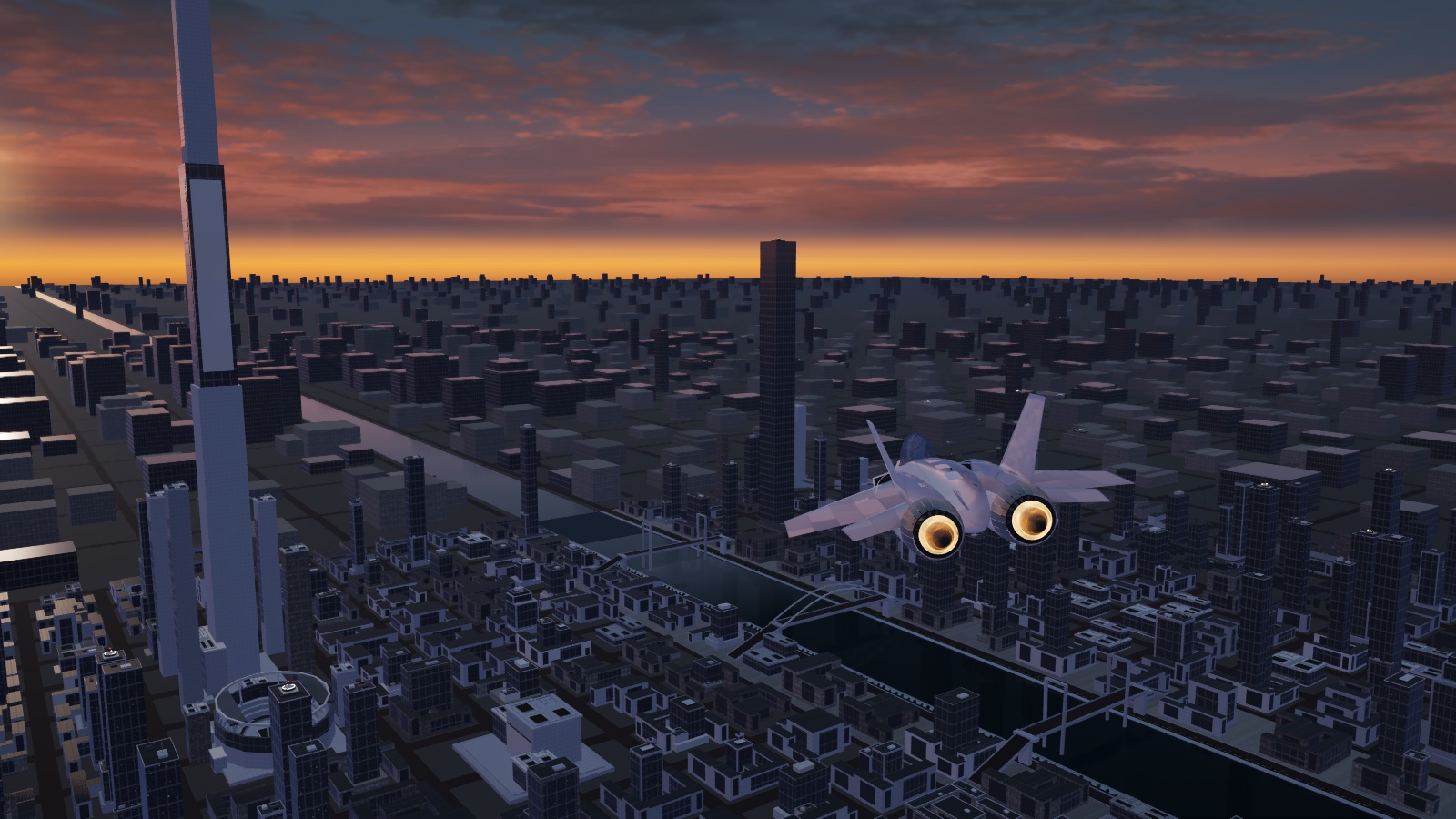 A jet flying over the river between city towers beneath a sunset sky